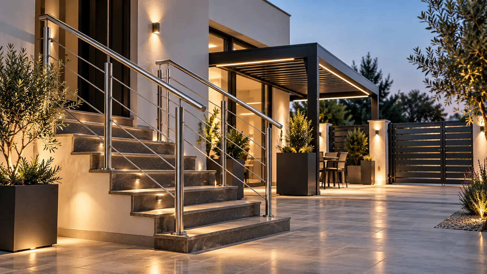 Scala esterna con ringhiera in acciaio inox, pergola e cancello realizzati su misura