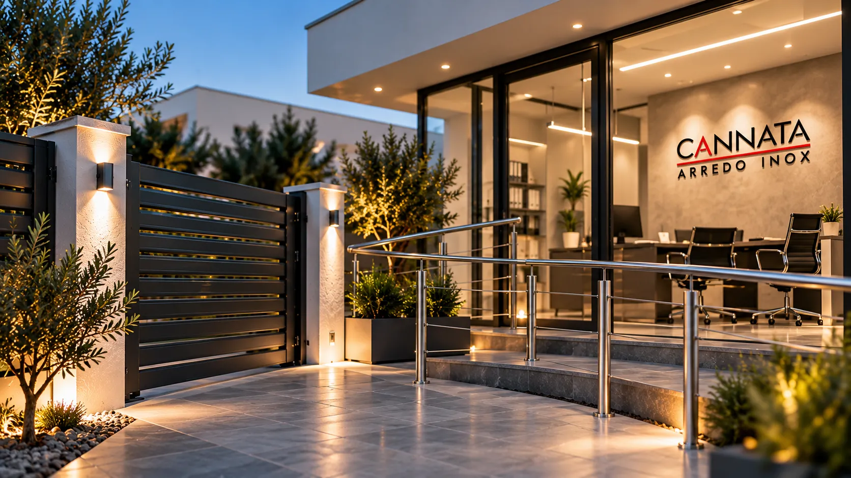 Ingresso della sede Cannata Arredo Inox con cancello, rampa e ringhiera in acciaio inox